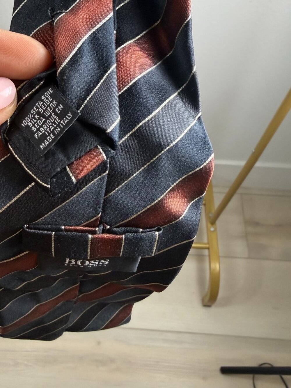 Hugo Boss 100% Silk Tie — Navy & Rust Diagonal Stripe